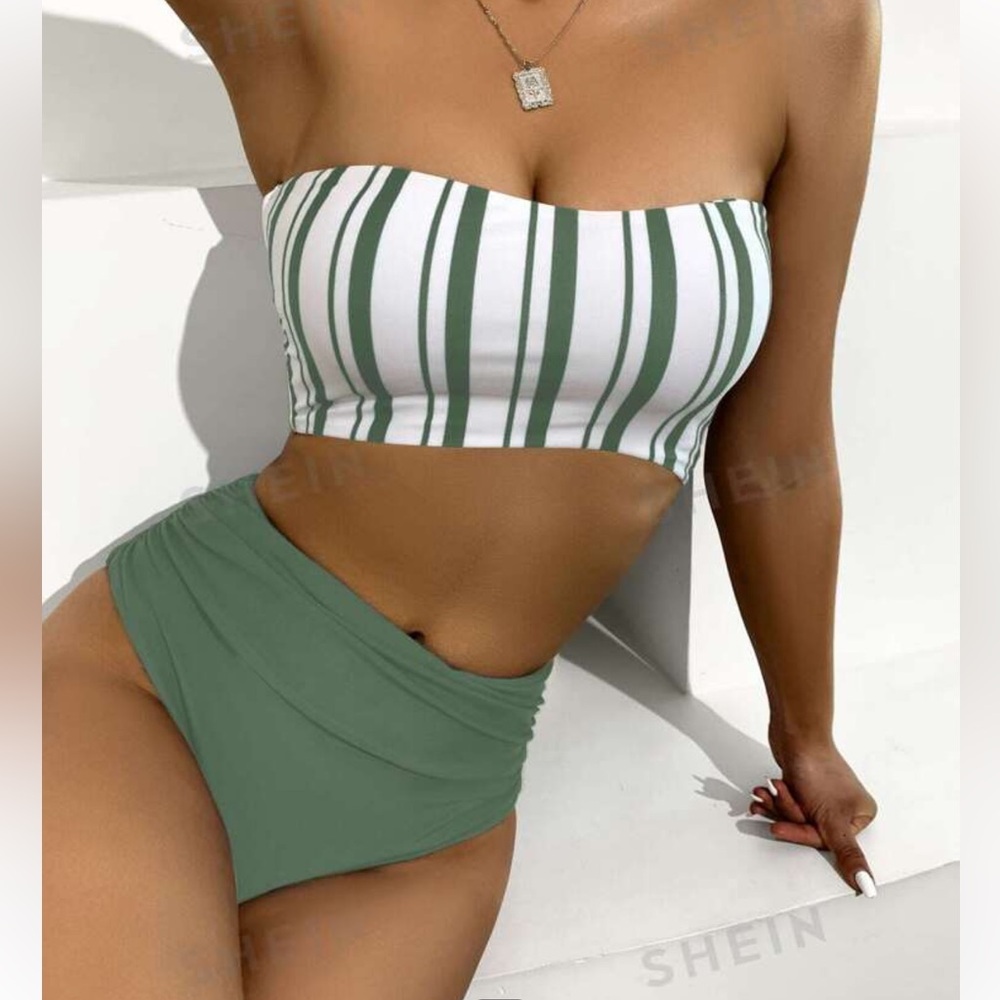Shein swim medium 2 piece green white strapless bikini high with waisted bottoms